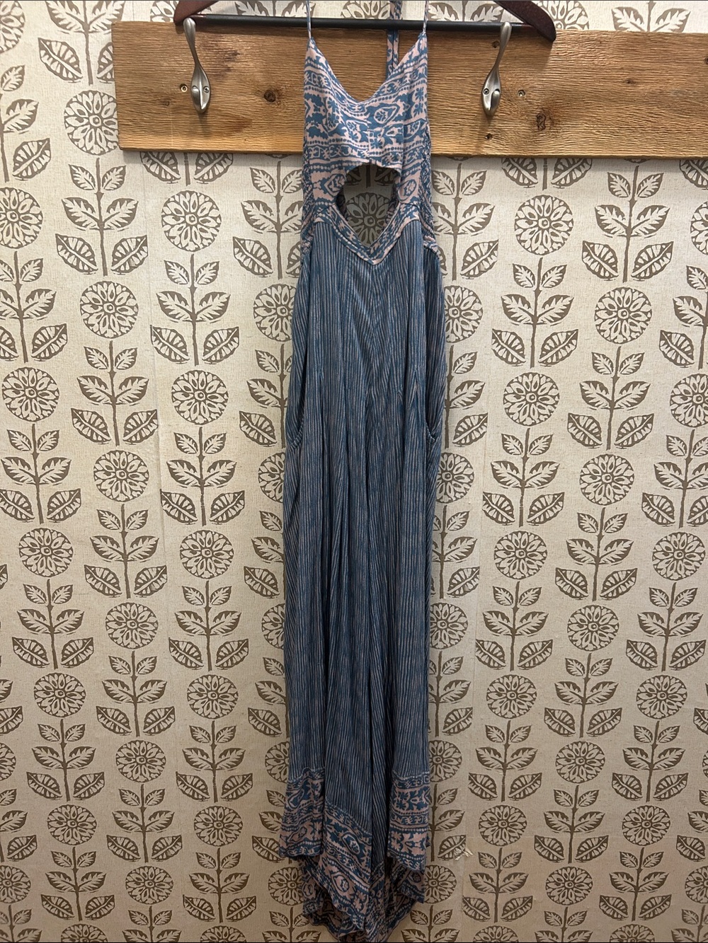 Free People Blue and Cream Striped Cutout Jumpsuit